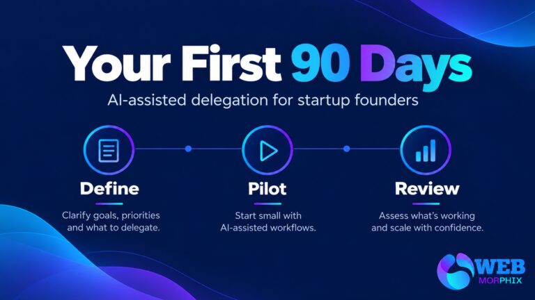 Web Morphix timeline graphic titled Your First 90 Days, showing Define, Pilot and Review phases for AI-assisted startup delegation.